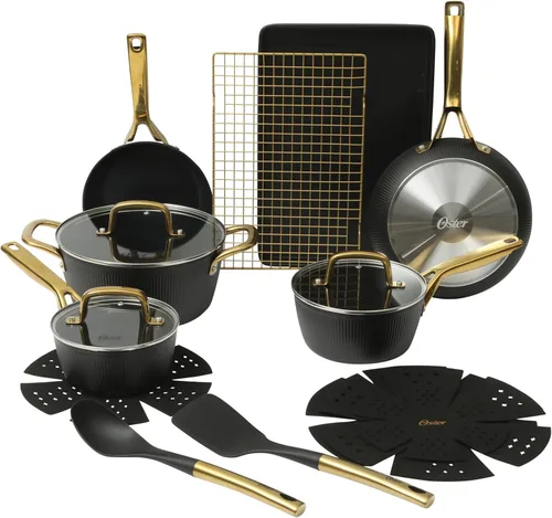 Oster Platinum Abbottsford - Juego de utensilios de cocina de inducción antiadherentes de cerámica sin PFA, 16 piezas, color negro con dorado