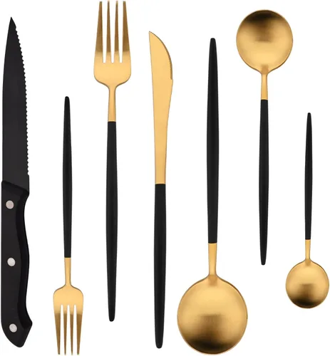 Juego de cubiertos de 28 piezas con cuchillos para carne, cubiertos de acero inoxidable 18/8, juego de cubiertos modernos para 4 tenedores de