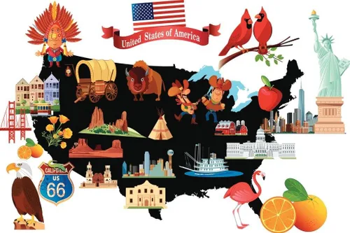 Cartoon Map of the United States USA with Symbols Art Print Laminated Dry Erase Sign Poster 36x24