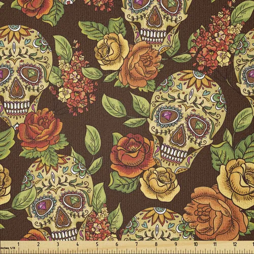 Miniatura 52 de Ambesonne The Yard, tela de calavera colorida con temática de Halloween, diseño de calavera y huesos cruzados, divertido estampado de dibujos