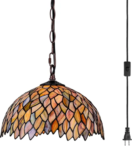 Miniatura 2 de Lámpara Colgante de Vidrio Emplomado Estilo Tiffany con Enchufe, 12" de Ancho Diseño de Glicinia Lámpara Colgante, Cadena de 60 Pulgadas Cable de 15