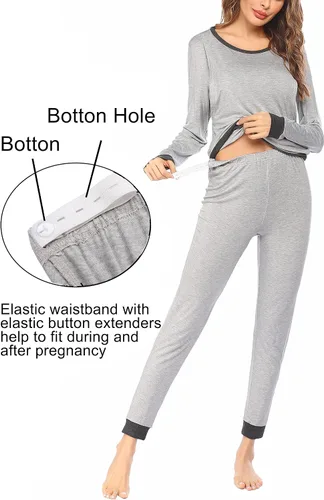 Miniatura 2 de Ekouaer Conjunto de ropa interior térmica de maternidad y lactancia, conjunto de pantalones largos de punto a rayas, capa base superior e inferior