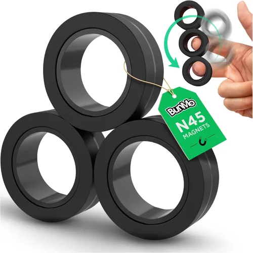 BunMo Anillos magnéticos negros – Imanes mejorados de grado N45, sin BPA, compacto y silencioso juguete para ansiedad para adultos y adolescentes,
