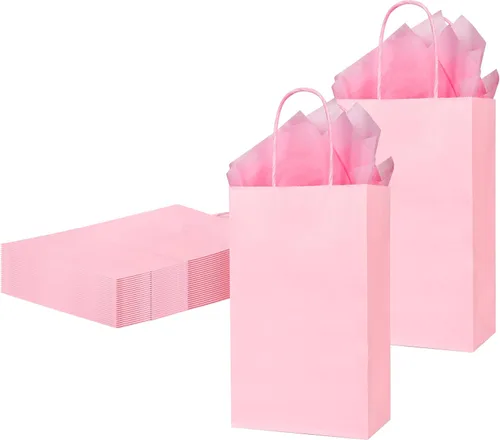 Miniatura 7 de DjinnGlory Paquete de 24 pequeñas bolsas de regalo de papel rosa con asas de 9 x 5.5 x 3.15 pulgadas y 24 papel de regalo de seda para negocios