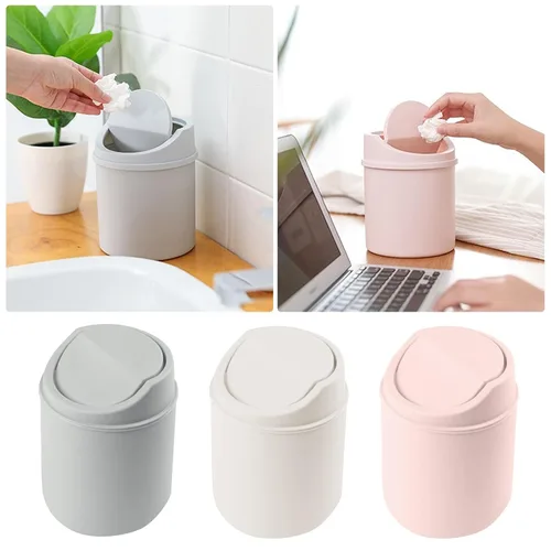 Miniatura 3 de Basurero de basura – Mini bote de basura de plástico para escritorio con tapa giratoria, elegante papelera para encimera, cesta de papel de desecho