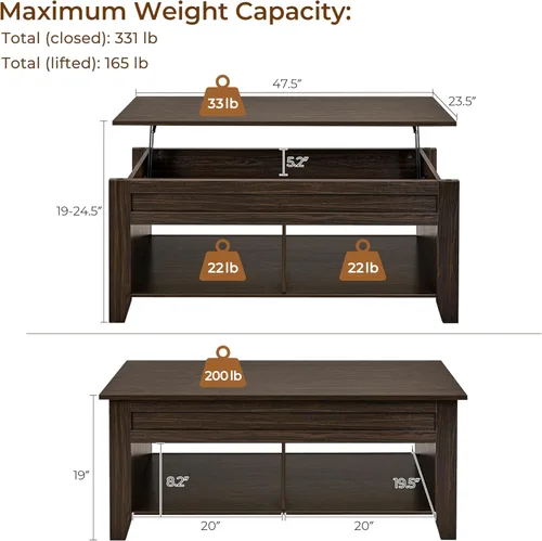 Miniatura 3 de Yaheetech Mesa de Centro con Tapa Elevable con Compartimento de Almacenamiento Oculto y 2 Estantes Abiertos, Tablero Elevable Mesa Central Emergente