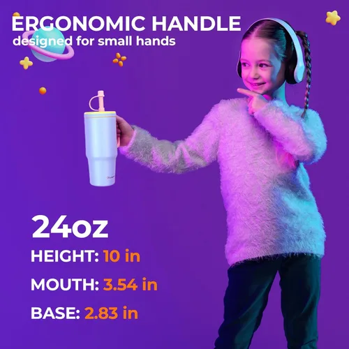 Miniatura 5 de Taza para niños de 24 onzas con asa, tapa de rosca a prueba de fugas con pajita de silicona extraíble, a prueba de derrames, botella aislada