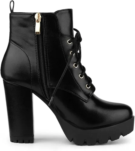 Miniatura 5 de Allegra K Botas de plataforma con cordones y tacón grueso con punta redonda para mujer