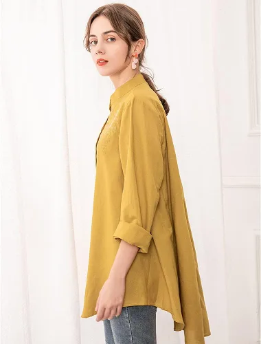 Miniatura 8 de Minibee Camisa de lino de algodón para mujer, blusa bordada de manga larga con botones
