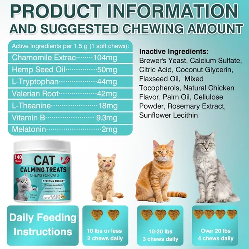Miniatura 6 de Golosinas calmantes para gatos, 140 masticables suaves para aliviar la ansiedad, el estrés y prevenir las mordeduras, perfectas para viajes