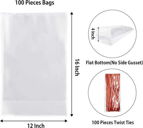 Miniatura 2 de Morepack Bolsas Grandes de Celofán de Fondo Plano, 100 Piezas 12x4x16 Pulgadas Bolsas de Regalo de Celofán Transparentes de Fondo Plano con Ataduras