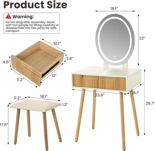 Miniatura 5 de Tocador pequeño con espejo y luces, tiradores de madera con taburete acolchado, 3 modos de iluminación, mesa redonda de maquillaje con rieles