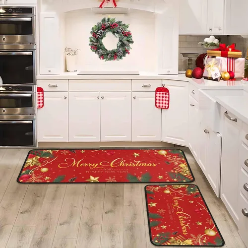 Miniatura 9 de Juego de 2 alfombras y tapetes de cocina navideños, decoraciones navideñas para el hogar con respaldo antideslizante, alfombra de cocina