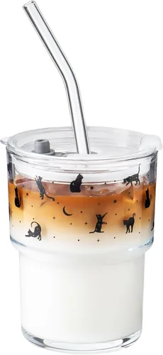 Miniatura 11 de Olvini Vaso de vidrio de 13 onzas con popote y tapa, vaso reutilizable para café helado, bonitas tazas de vidrio para agua, matcha, tazas de café