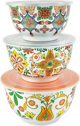 TP Juego de tazones grandes de mezcla con tapas, juego de tazones anidados de melamina para pasta, hornear, ensalada, mezcla, juego de 3, Aztec Bloom