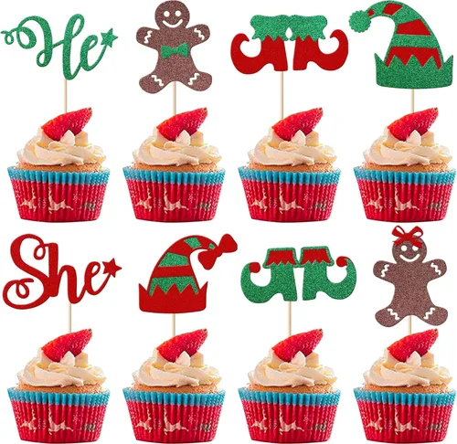 Paquete de 24 Adornos para Cupcakes de Feliz Navidad, Adornos para Cupcakes para Revelación de Género, Adornos para Cupcakes de Árbol de Navidad, 5
