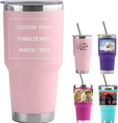 Miniatura 25 de Vaso de acero inoxidable con foto personalizada de 20 onzas / 30 onzas, taza de café personalizada con tapa y pajilla, taza aislada al vacío