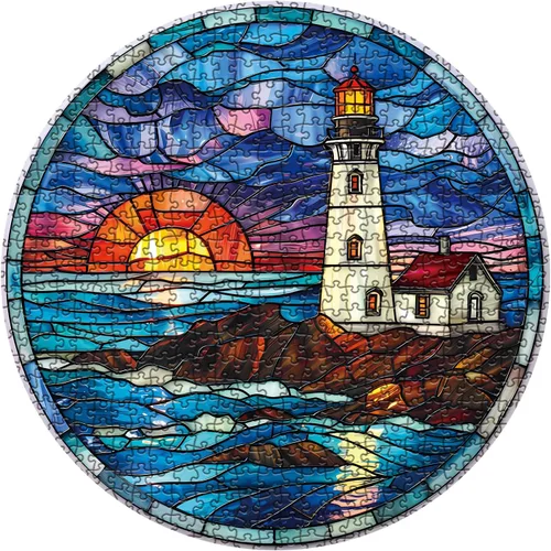 Miniatura 2 de Rompecabezas de faro de playa con vidrio emplomado para adultos de 1000 piezas, rompecabezas de atardecer en el océano, rompecabezas de paisaje