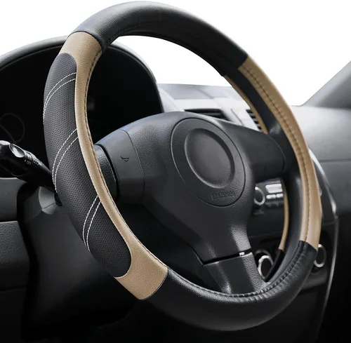 Miniatura 15 de Elantrip Funda de volante de cuero deportivo 14 1/2 pulgadas a 15 pulgadas universal, acolchada, de agarre suave y transpirable para coche, camión