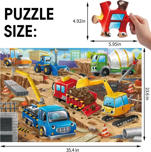 Miniatura 2 de Rompecabezas de piso jumbo para niños, rompecabezas grandes del sitio de construcción, rompecabezas de vehículos de construcción de 48 piezas