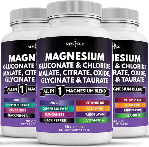 Miniatura 8 de NEW AGE Suplemento de Magnesio - Potente Glicinato Citrato Malato Óxido Taurato Aspartato Gluconato Orotato y Cloruro de Mag Manganeso, Soporte