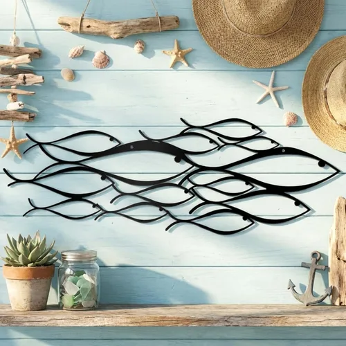 Funrous Decoración de pared de metal con peces náuticos, arte de pared de escuela de peces, obra de arte moderno, decoración de estilo náutico para