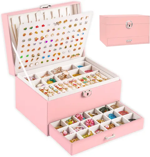 QBestry Soporte para aretes para niñas, joyero para mujeres y niñas, organizador de aretes, caja organizadora de joyas con cerradura, caja de