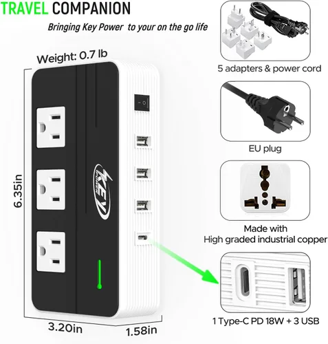 Miniatura 7 de Key Power Convertidor de voltaje reductor de 220 V a 110 V de 230 vatios y adaptador de viaje internacional/convertidor de corriente con puerto