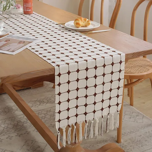 Miniatura 4 de Hsvanyr Centros de mesa rústicos con borlas rectangulares bordadas para cocina, 13 x 63 pulgadas, mantel blanco con cuadros de búfalo marrón café