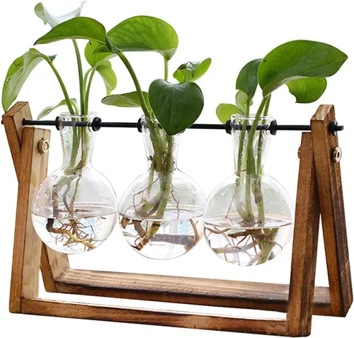 XXXFLOWER Terrario para plantas con soporte de madera, maceta de aire, jarrón de vidrio, soporte giratorio de metal, mesa retro para decoración
