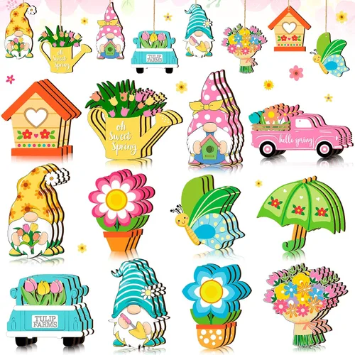 Ferraycle 36 adornos de flores de primavera, adornos florales para árbol de Pascua, tulipanes de madera para colgar, decoraciones de gnomos de
