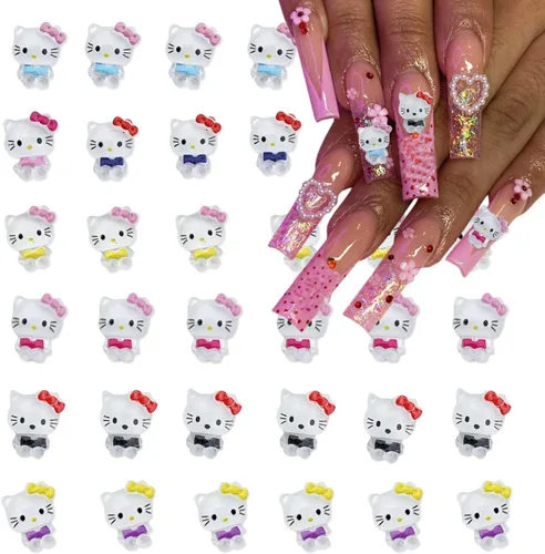 Miniatura 9 de 40 piezas de bonitos dijes de uñas de gato de dibujos animados 3D Kawaii con diseño de gato, gemas y diamantes de imitación, joyas de uñas para uñas