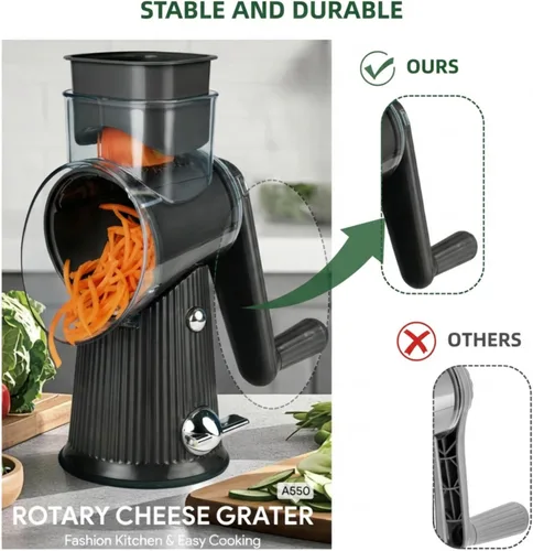 Miniatura 7 de Rallador rotativo de queso con asa, triturador de verduras con 5 cuchillas y base de succión fuerte, rebanador redondo y picador de alimentos