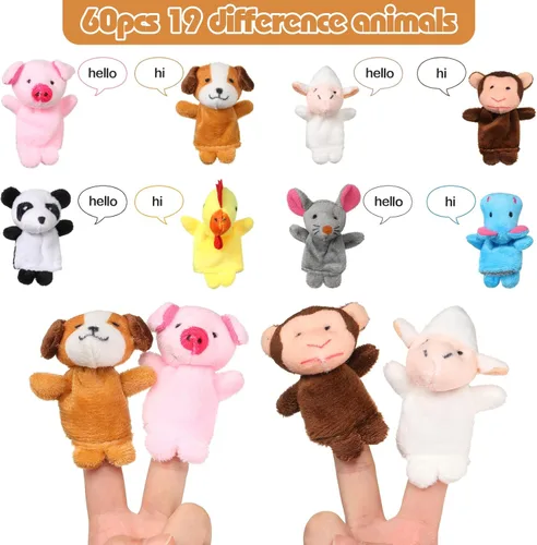 Miniatura 3 de Juego de 60 marionetas de dedo, 19 marionetas de dedos de animales de peluche diferentes, relleno de caza de huevos de Pascua para contar historias