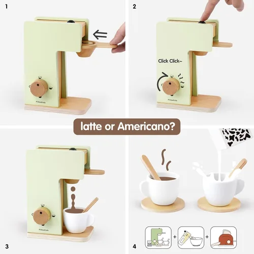 Miniatura 3 de Pillowhale Paquete de juego de café de madera 3 en 1 – Juego de simulación de cafetera, batidora manual y tostador emergente con accesorios