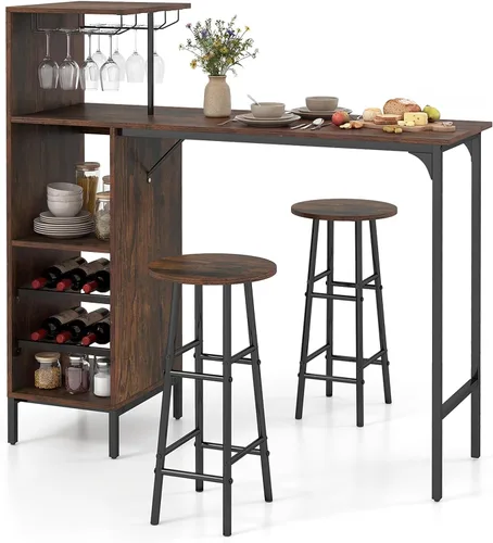 Miniatura 10 de Giantex Juego de mesa de bar y taburetes de 3 piezas, juego de mesa de bistró con soporte para vidrio, estante de vino de 2 niveles y estantes