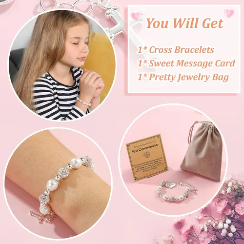 Miniatura 6 de Pulsera de cruz de bautismo de confirmación de la primera comunión para niñas, joyería católica, regalos para niños, hija, ahijada, nieta, 6+2
