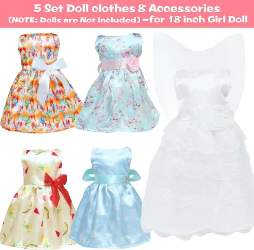 Miniatura 2 de 5 juegos de vestido de novia de muñeca de 18 pulgadas, ropa de moda y accesorios, 1 vestido de novia con velo, 4 vestidos de muñeca de satén, regalo