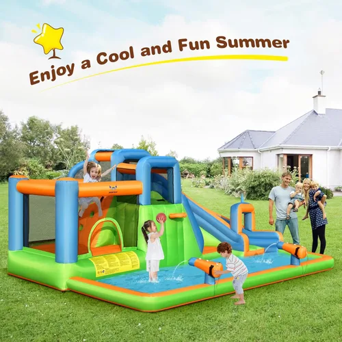 Miniatura 2 de HONEY JOY Tobogán acuático inflable, parque acuático gigante 7 en 1, casa de rebote para patio trasero al aire libre con soplador de 735 W, piscina