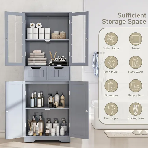 Miniatura 7 de Betterhood Armario de almacenamiento de baño de 67 pulgadas de alto, gabinete independiente con puertas y estantes de vidrio, despensa de baño