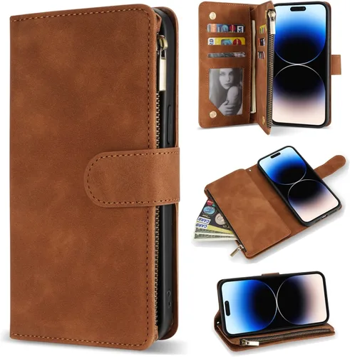 Miniatura 16 de ZZXX Funda tipo cartera para iPhone 14 Plus con [Bloqueo RFID] Ranura para tarjetas Cuero PU suave premium con cremallera tipo folio plegable