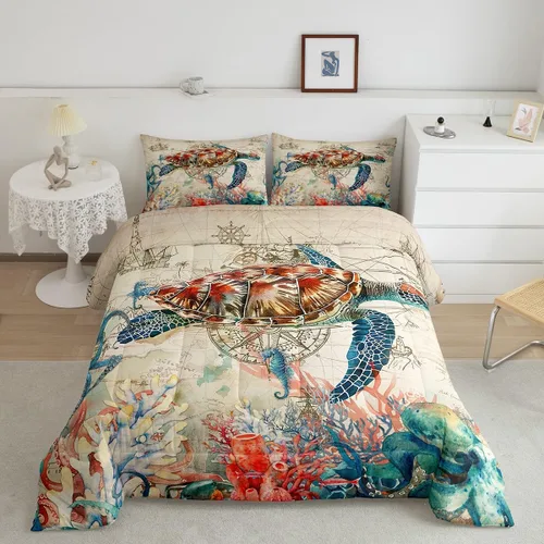 Miniatura 11 de Juego de edredón de ballena individual, juegos de ropa de cama retro con temática náutica para decoración de dormitorio, edredón de plumón de vida