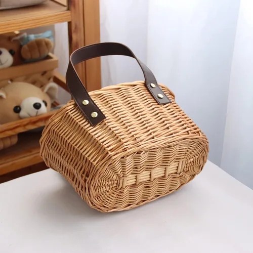 Miniatura 4 de Cesta de mimbre para picnic con dobles asas de cuero, cesta natural de sauce para huevos de Pascua, dulces, vino, juguetes, flores y regalos de boda