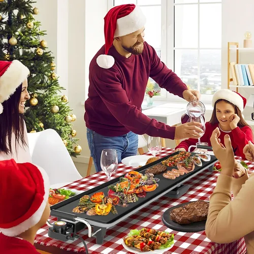 Miniatura 3 de COSTWAY Plancha Eléctrica de 39.5", Parrilla Teppanyaki Extragrande con 2 Superficies Antiadherentes, Temperatura Ajustable, Asas Aisladas y Bandeja
