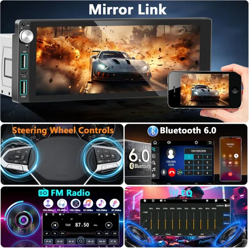 Miniatura 5 de Estéreo de coche de un solo DIN con Apple Carplay Android Auto, pantalla táctil IPS de 6.9 pulgadas, receptores de audio para automóvil de 1 DIN