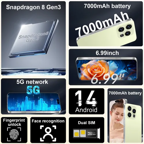 Miniatura 3 de Teléfono inteligente desbloqueado 5G de 16 pm, 12 GB+512 GB 7000 mAh, teléfono celular totalmente para Android 14, pantalla HD de 6.99 pulgadas