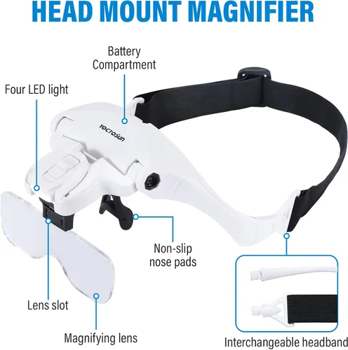 Miniatura 2 de YOCTOSUN Lupa Montable para Cabeza con 2 LED, Lupa Profesional de Joyero con Soporte de Luz y Diadema Intercambiables