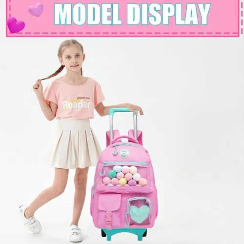 Miniatura 7 de Mochila con ruedas para niñas, mochila con ruedas, mochilas para primaria con lonchera y equipaje, Rosado, Estética