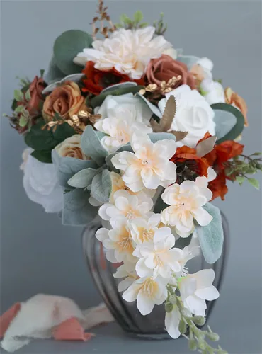 Miniatura 2 de Ramos de boda para novia, ramo en cascada para novia, boda, flores artificiales, ramo romántico rústico de boda (ramo naranja champán)