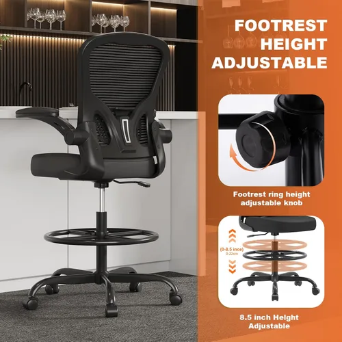 Miniatura 7 de Silla de Dibujo Ergonómica, Silla de Oficina Alta con Reposabrazos Abatibles, Silla de Escritorio Alta de Malla Transpirable con Soporte Lumbar